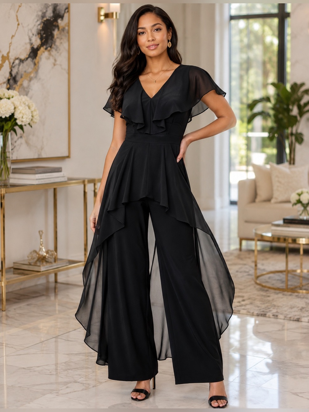 NWT ADRIANNA PAPELL JERSEY JUMPSUIT CHIFFON CAPELET AND SKIRT OVERLAY SIZE 2
